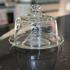 Vintage Etched Glass Cheese Dome and Plate Ship Design